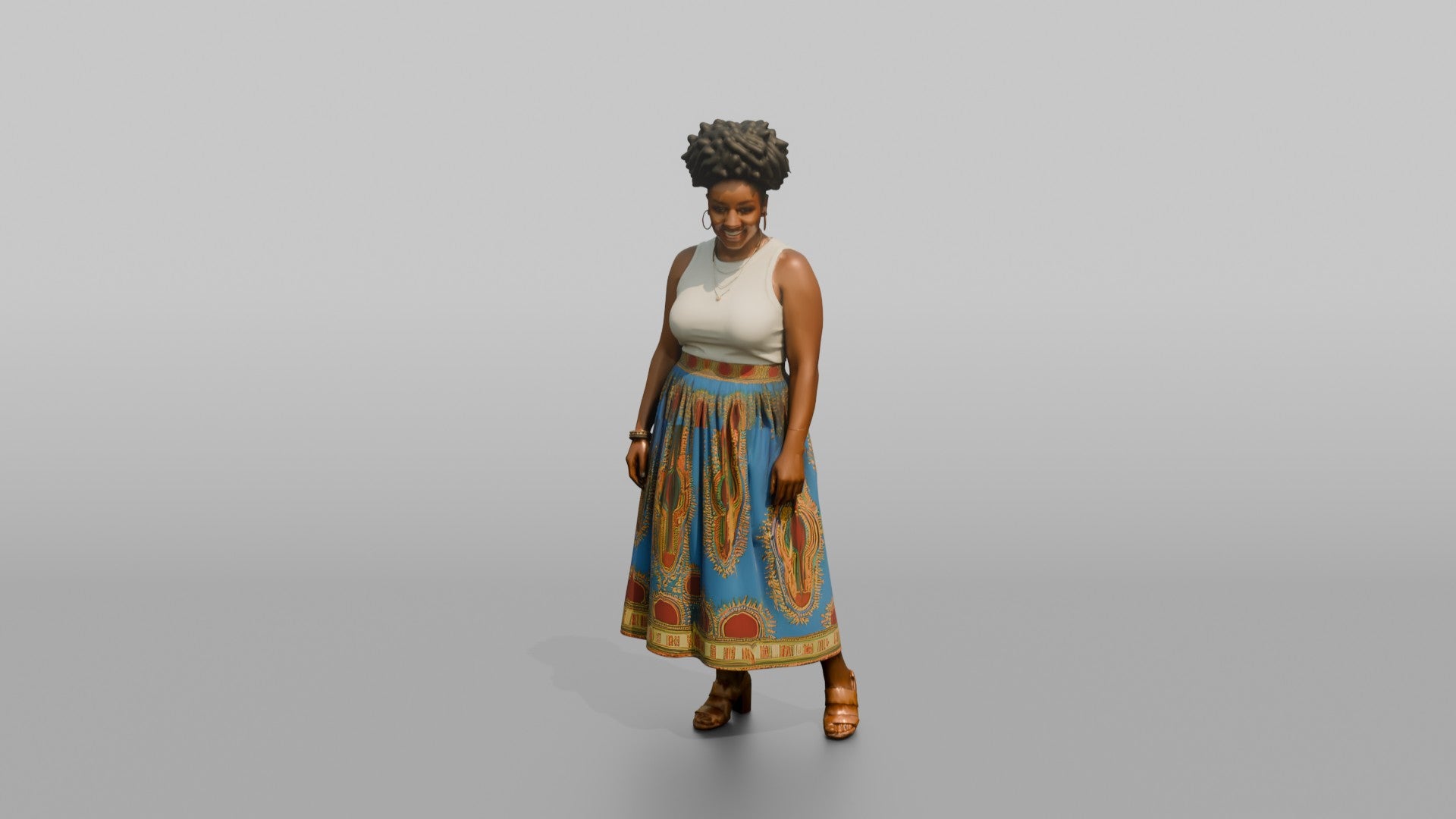 African Woman in Dashiki Print Skirt and White Top