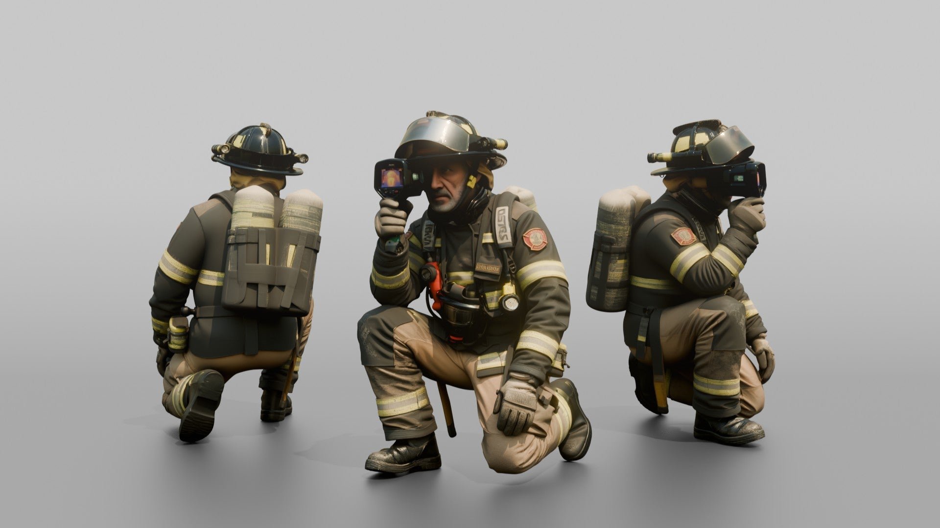 Firefighter Man Crouching Low with Thermal Vision Scope