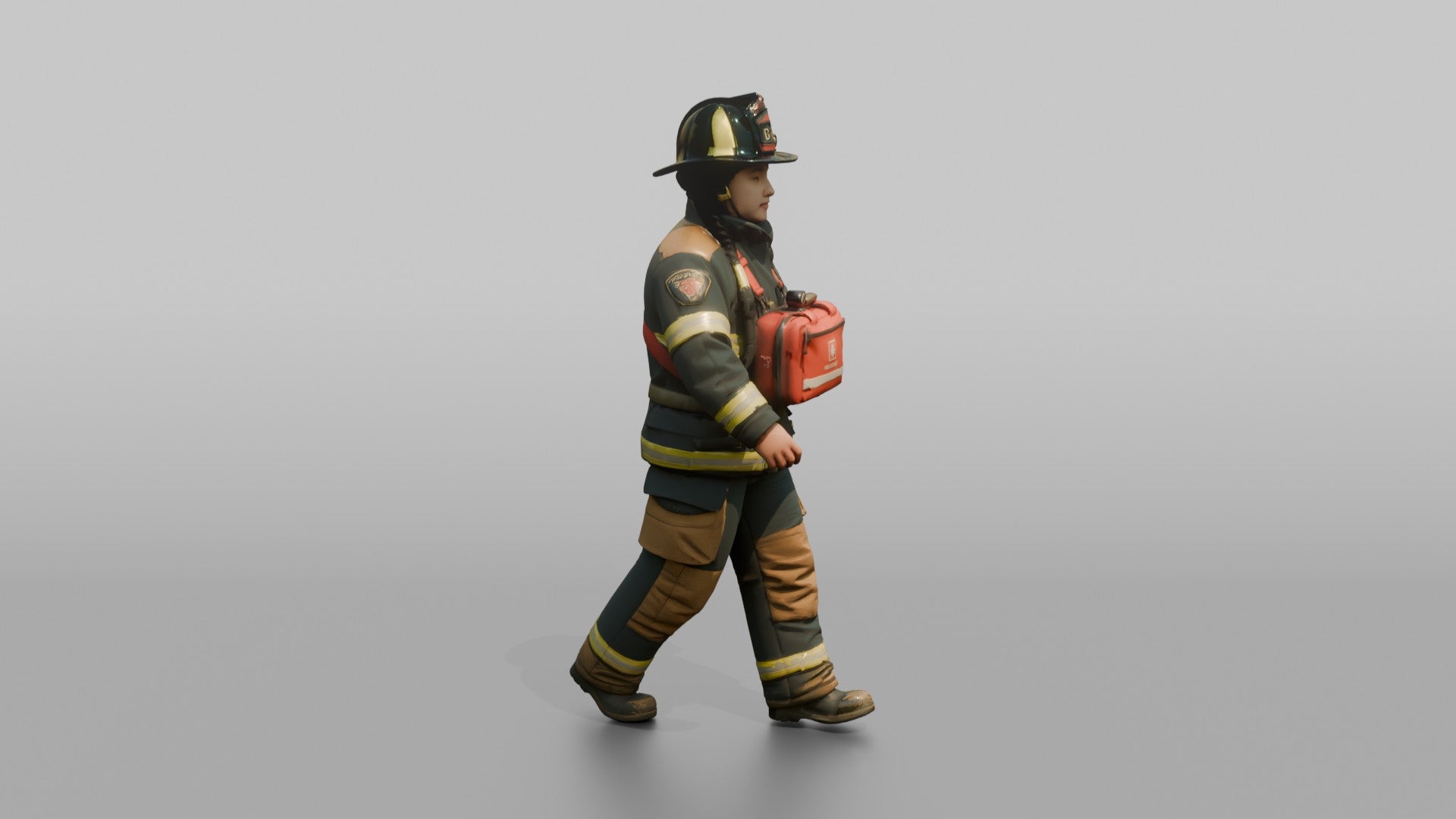 Firefighter Woman Carrying a First Aid Kit Across Her Chest