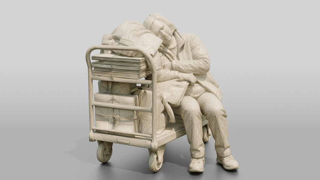 Homeless Woman Sleeping Resting Against a Stacked Cart