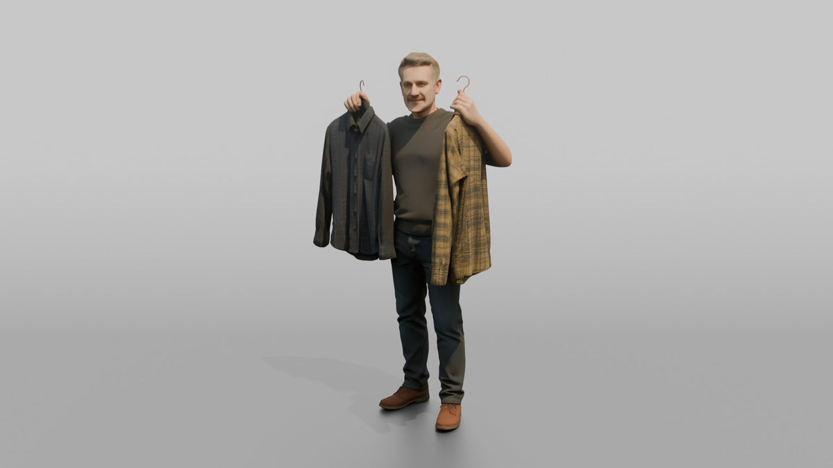 Man Customer Holding Two Shirts Up For Comparison - 3D character model, view 4