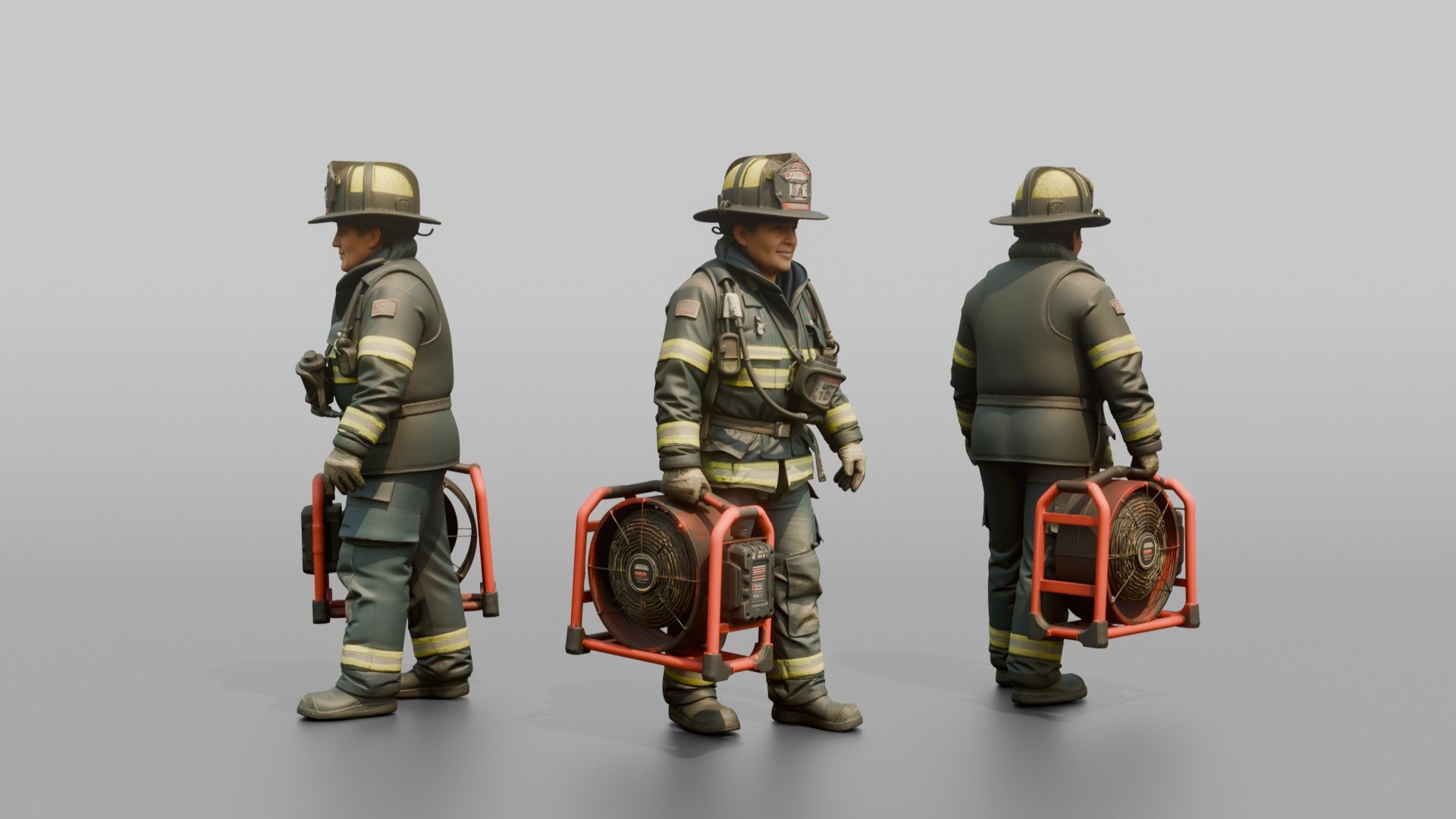 Firefighter Woman Carrying a Battery-powered Ventilation Fan