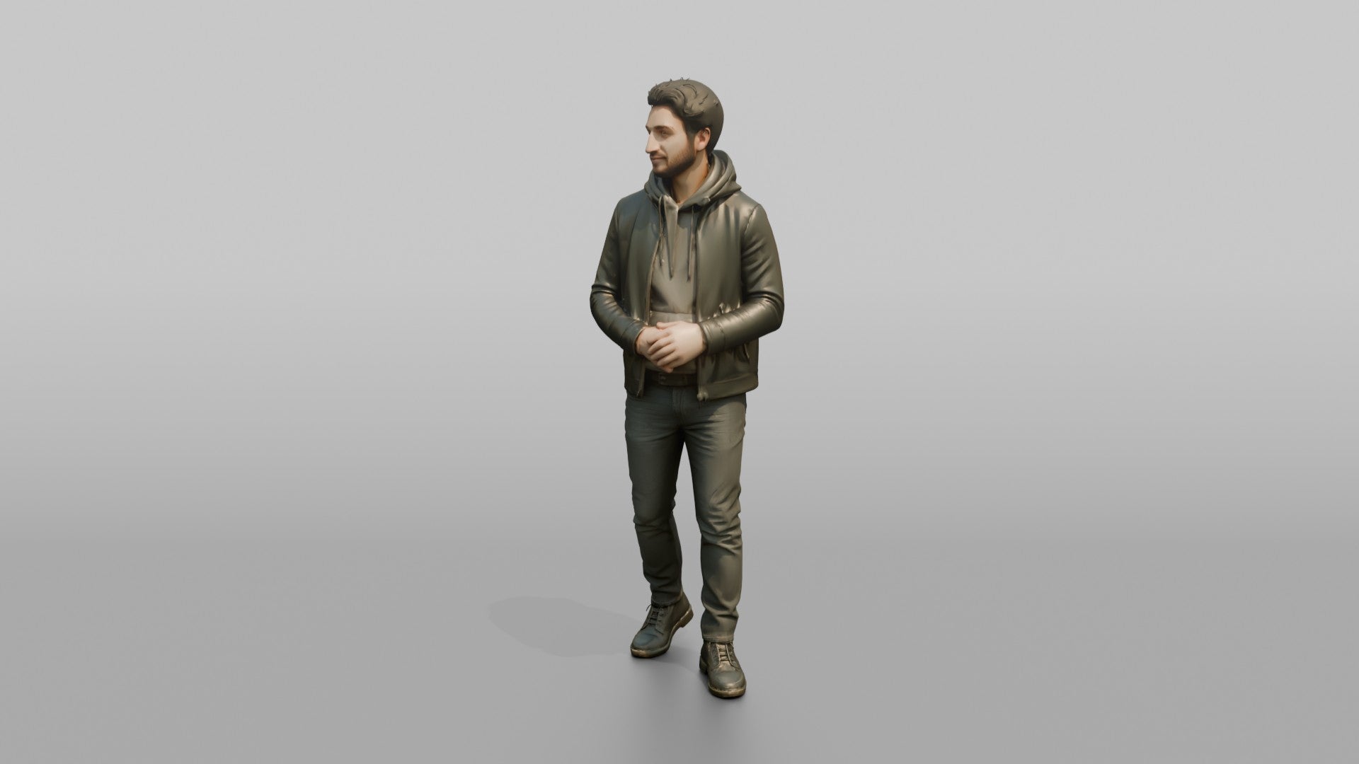 Young Man in Olive Leather Jacket and Boots