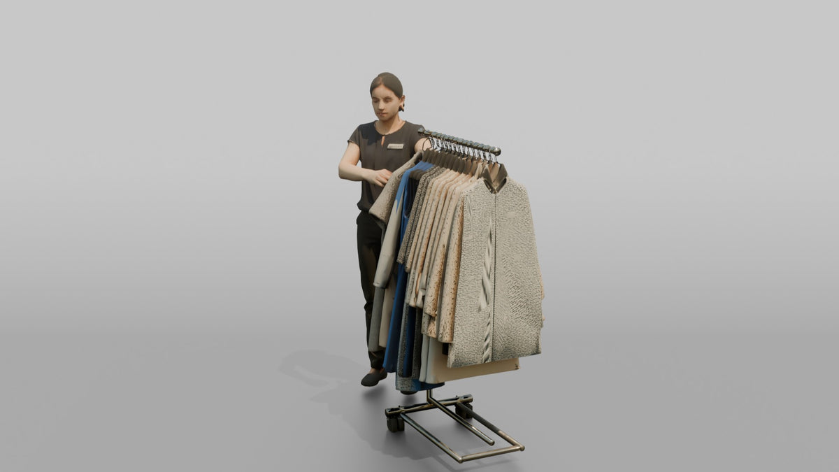 Woman Sales Associate Straightening A Rack Of Dresses - 3D character model, view 4