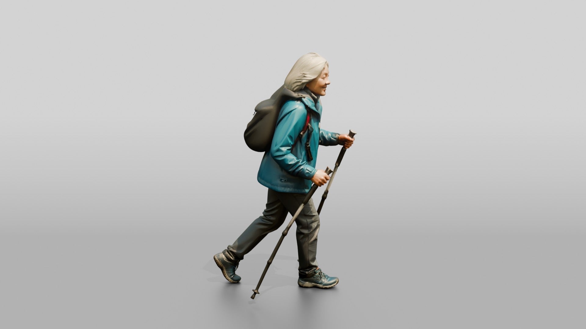 Elderly Chinese Woman Hiking with Trekking Poles