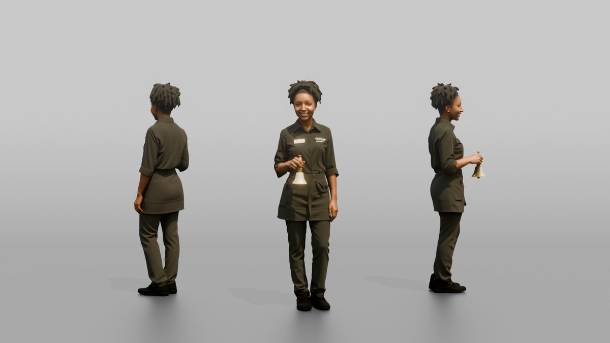 Server Woman Holding A Small Service Bell - 3D character model, view 1