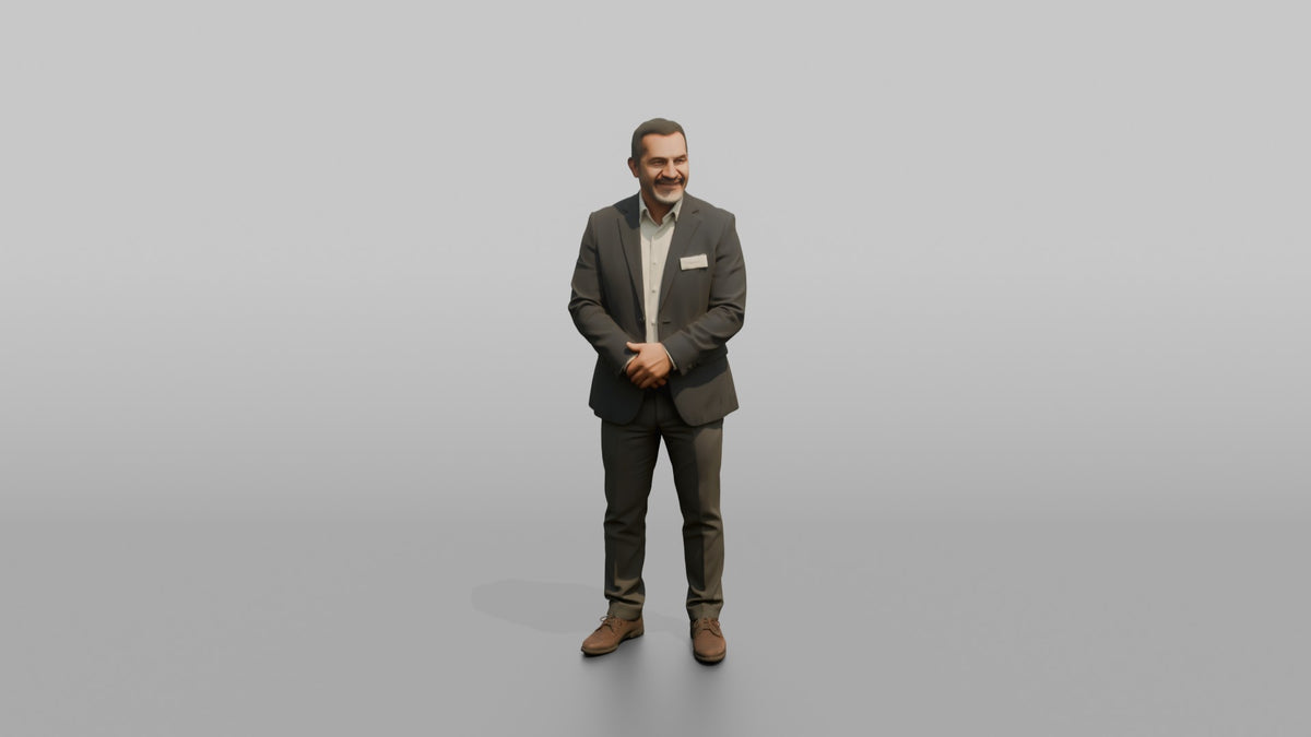 Host Man Standing With Hands Folded, Welcoming Posture - 3D character model, view 5