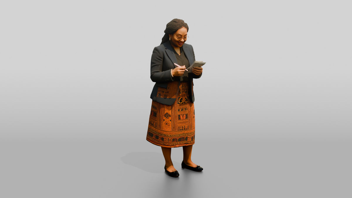 African Woman in a Blazer Checking Receipts - 3D character model, view 1