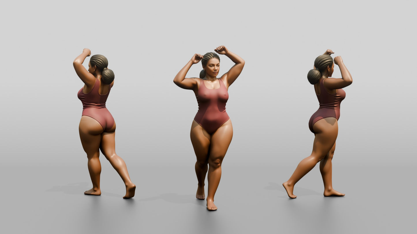 Curvy Woman in Rose Two-Piece Swimsuit Arms Raised