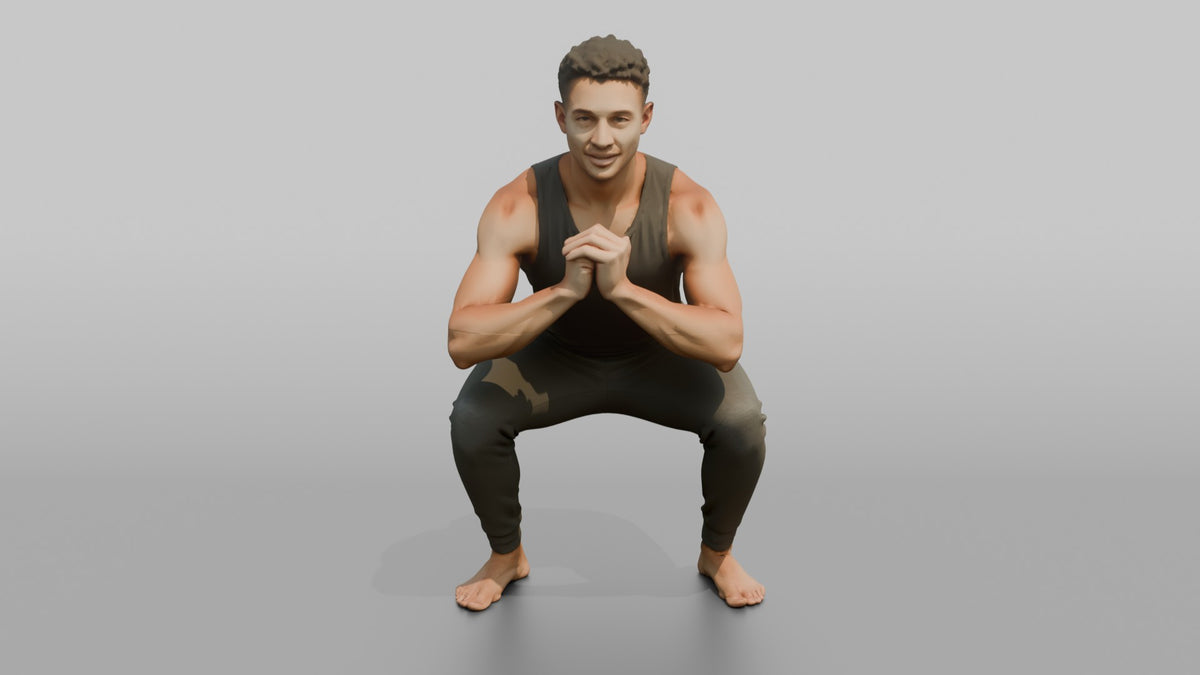 Fitness Influencer Man Doing A Bodyweight Squat With Hands Clasped - 3D character model, view 5