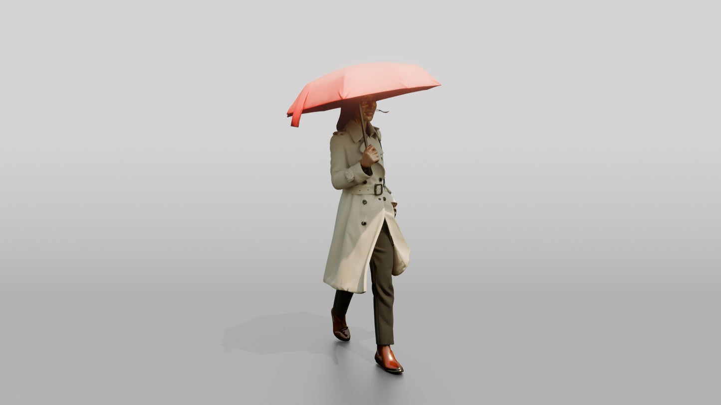 East Asian Woman in White Trench Coat with Red Umbrella