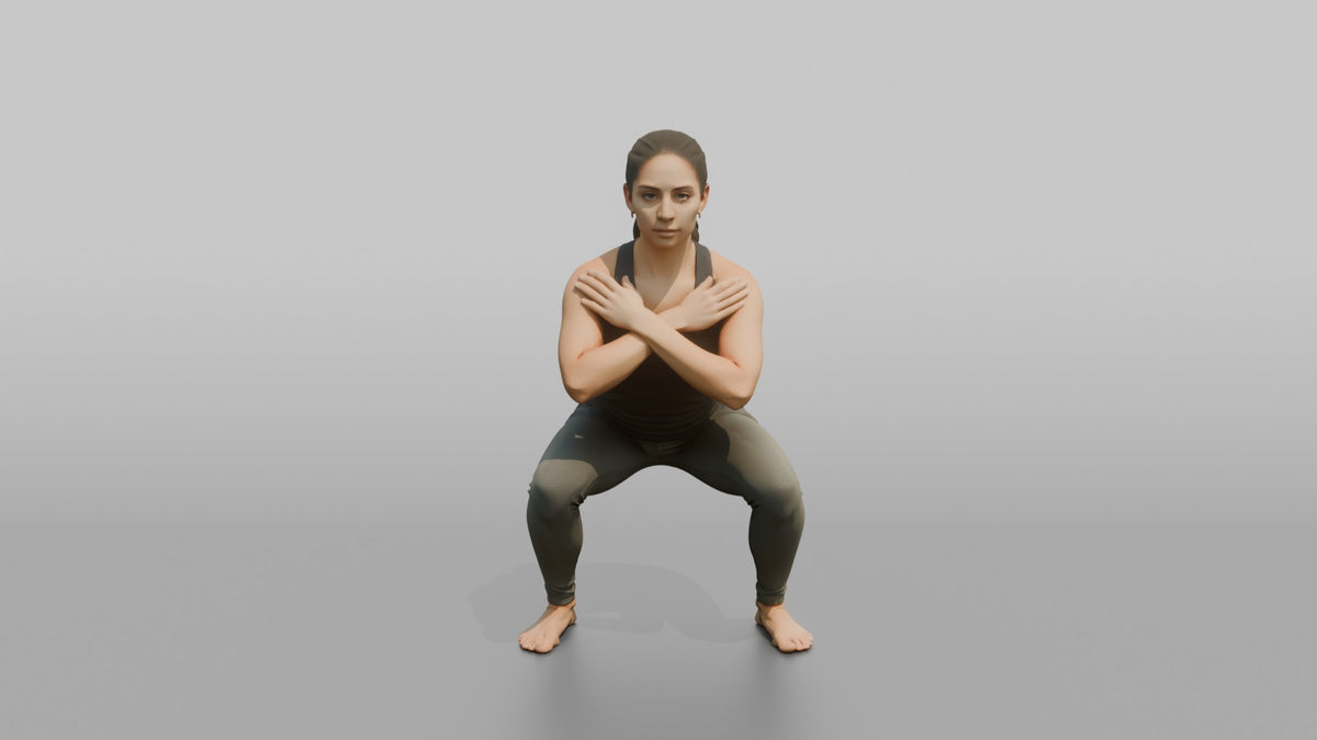 Bodyweight Athlete Woman Holding A Deep Squat Position, Arms Crossed - 3D character model, view 5