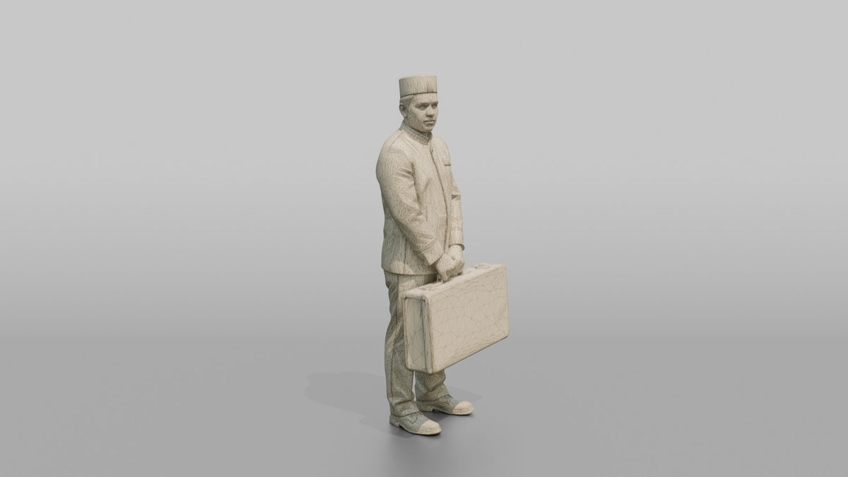 Bellhop Man Carrying A Single Large Suitcase With Both Hands - wireframe topology preview