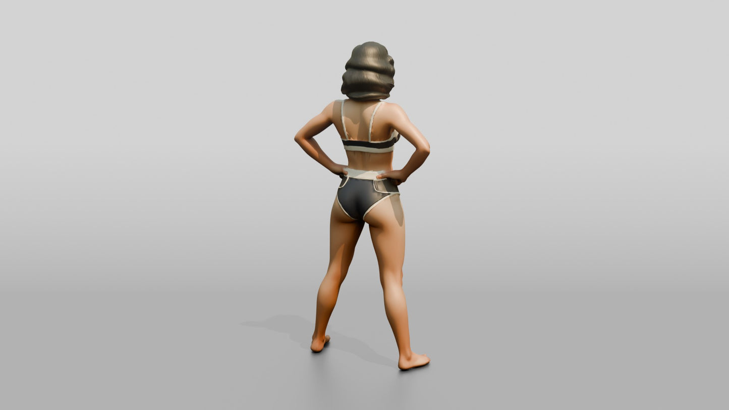 Woman in Black Two-Piece Swimsuit Wide Stance Hands on Hips
