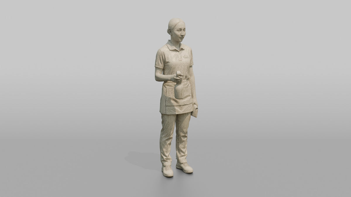 Housekeeping Staff Man Holding A Spray Bottle And Cloth - wireframe topology preview