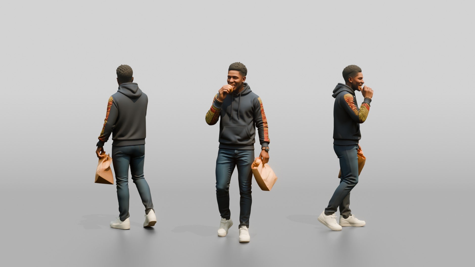 African Man in Print-Sleeve Hoodie Eating a Pastry