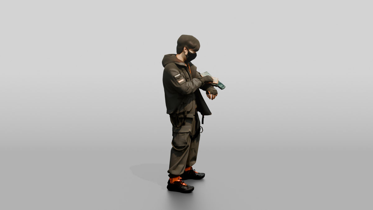 Gorpcore Man Counting Cash - 3D character model, view 2