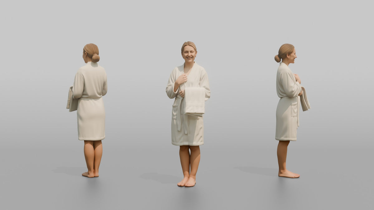 Spa Client Man Standing Holding A Folded Towel Against The Chest - 3D character model, view 1