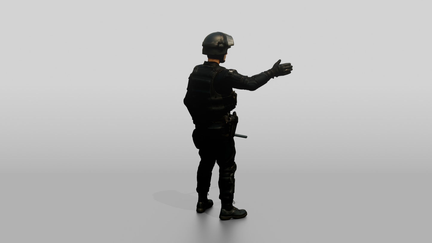 Riot Police Officer Gesturing with Hands