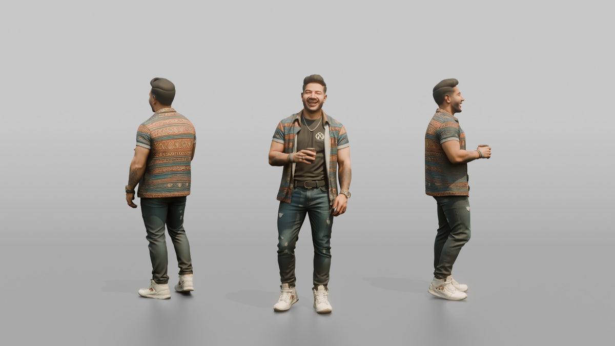 Patron Man Wearing Colorful Streetwear Layers, Mid-laugh, Holding A Drink - 3D character model, view 1
