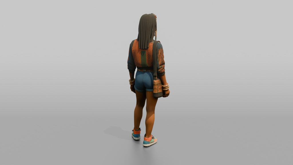 African Woman in Print Crop Sweater and Denim Shorts