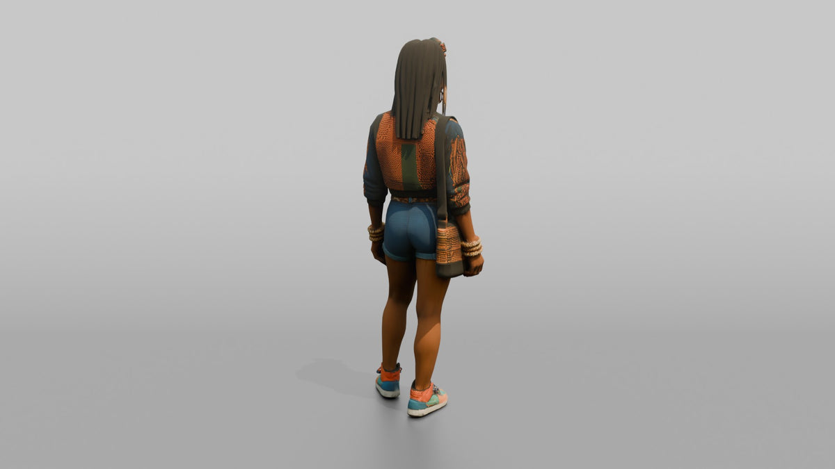African Woman in Print Crop Sweater and Denim Shorts - 3D character model, view 3