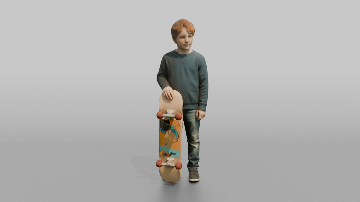 Son Holding A Skateboard Upright At His Side - 3D character model
