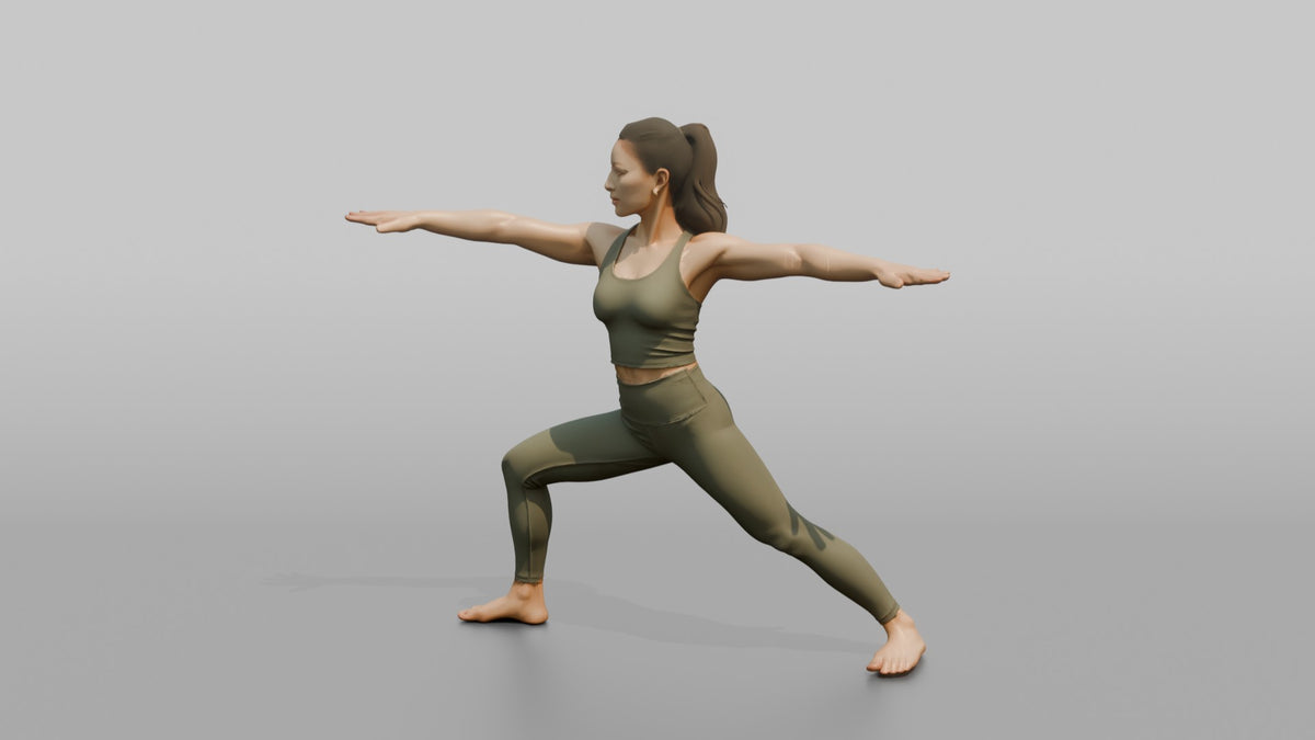 Fitness Influencer Woman Holding A Warrior-pose Stretch - 3D character model, view 4