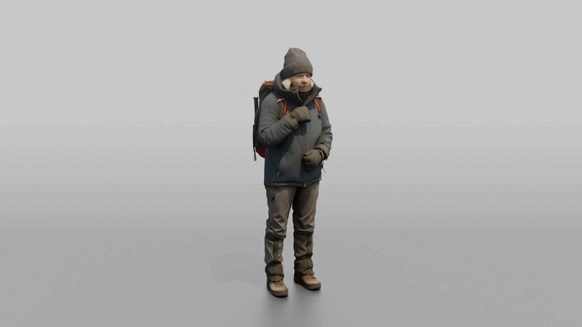 Winter Hiker Zipping Up Her Jacket - 3D character model, view 1