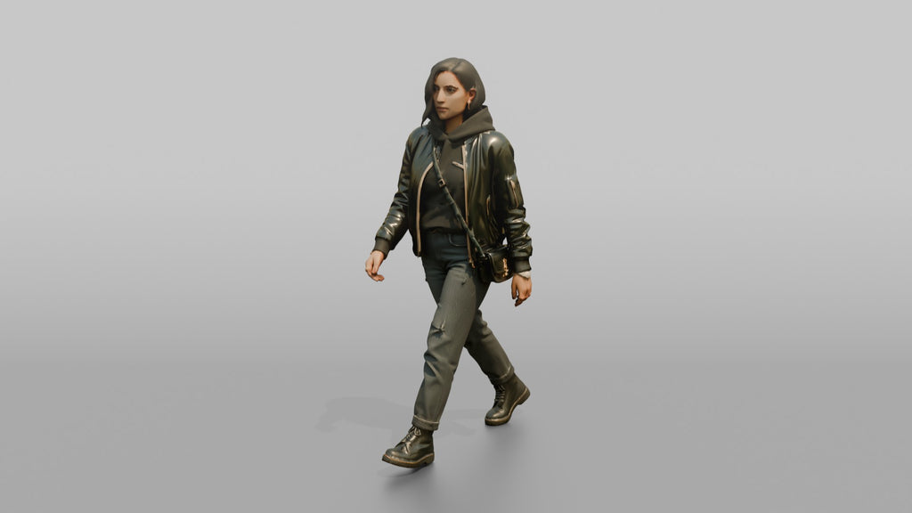 Young Woman in Olive Jacket Walking with Shoulder Bag