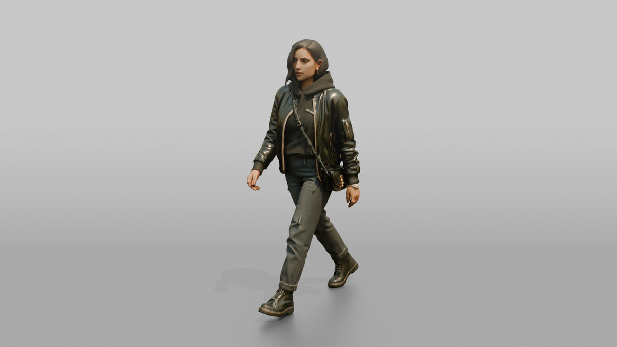 Young Woman in Olive Jacket Walking with Shoulder Bag - 3D character model, view 4