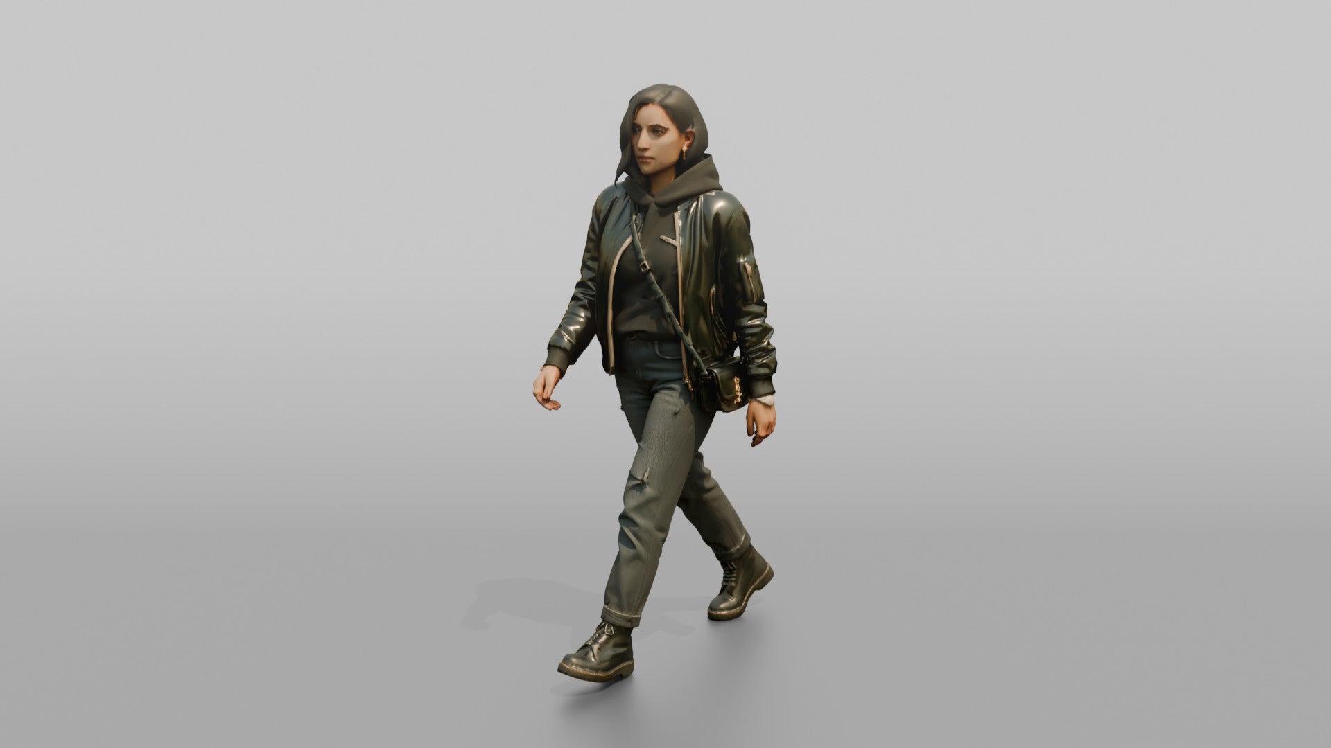 Young Woman in Olive Jacket Walking with Shoulder Bag