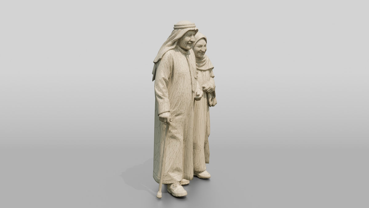 Middle Eastern Elderly Couple Walking - wireframe topology preview
