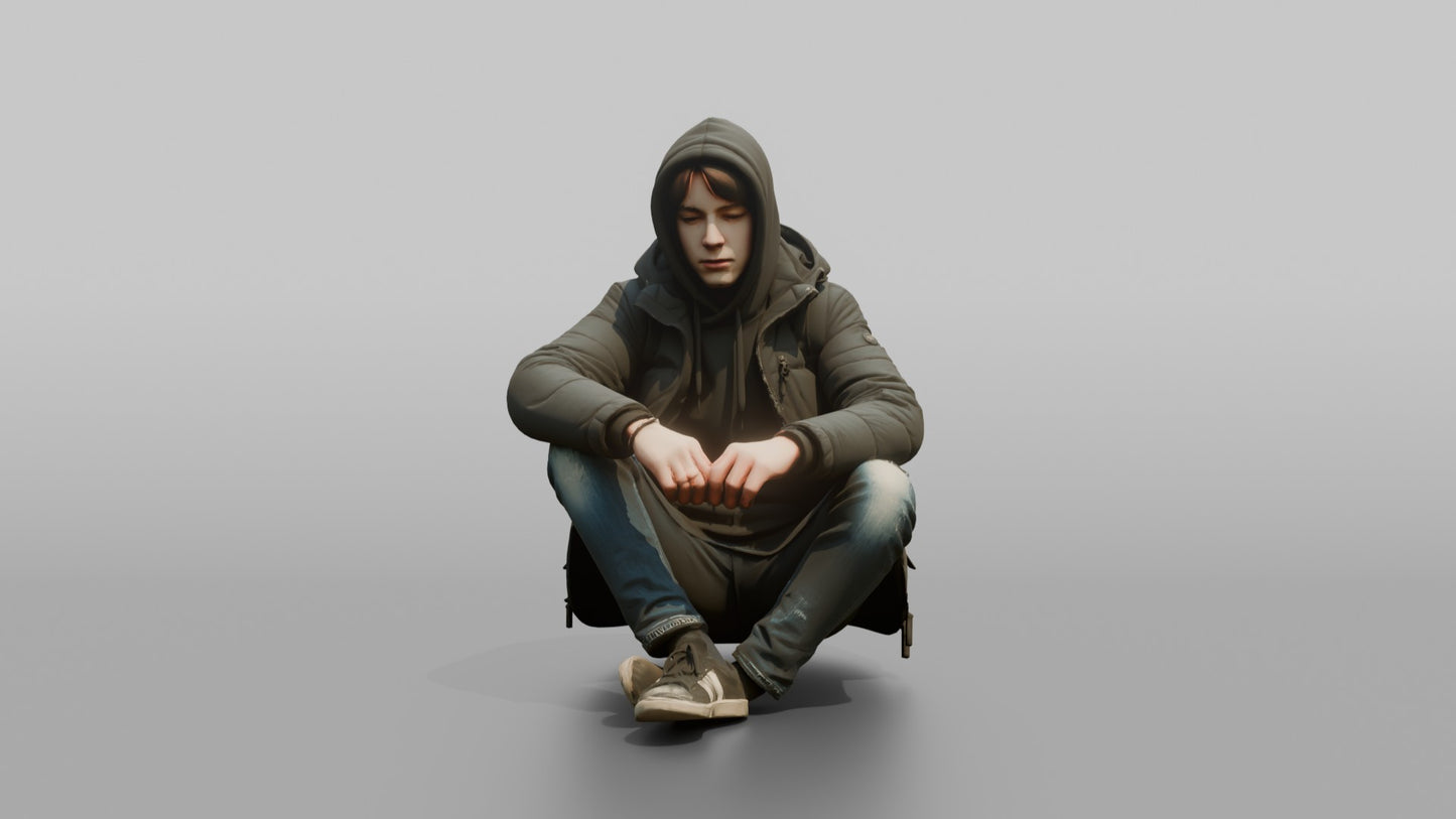 Teenager Sitting on a Curb in a Puffer Jacket