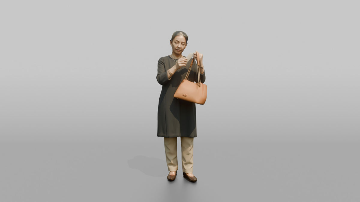Woman Customer Examining The Price Tag On A Handbag - 3D character model, view 5