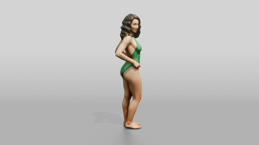 Woman in Green One-Piece Swimsuit with Hand on Hip - 3D character model, view 1