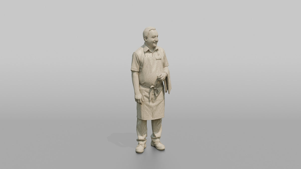 Server Man Holding A Folded White Napkin Over One Arm - wireframe topology preview