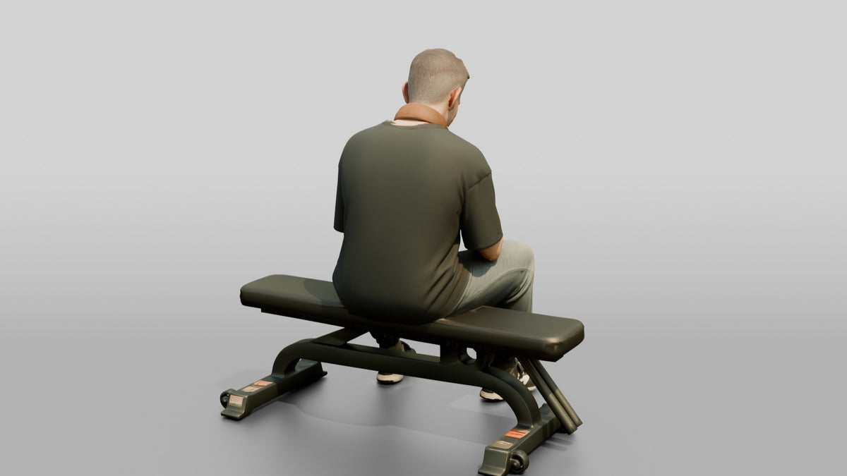 Man Sitting on Weight Bench - 3D character model, view 3