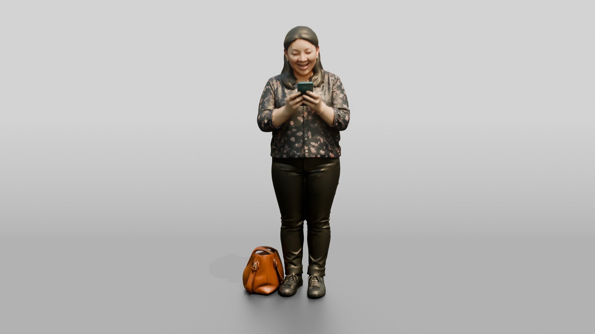 Chinese Woman Checking Phone with Shopping Bags