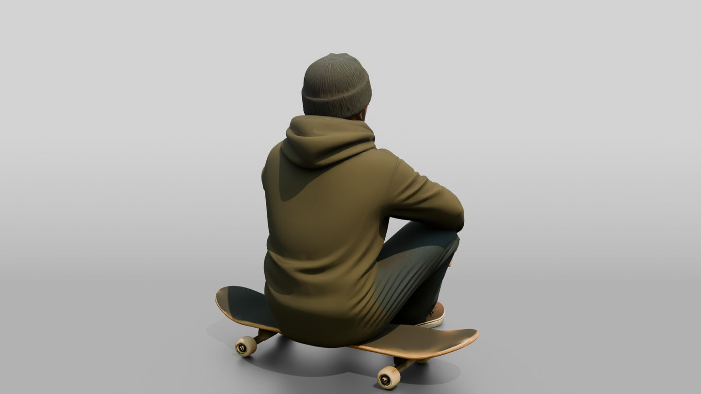 Skater Man Sitting on Skateboard
