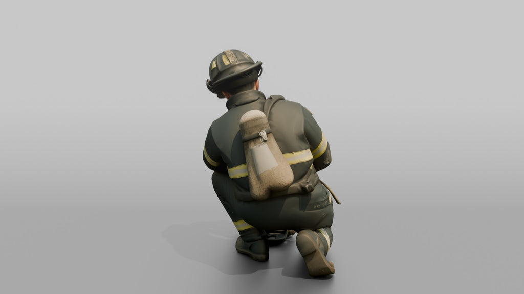 Firefighter Man Crouching While Inspecting an SCBA Valve Assembly