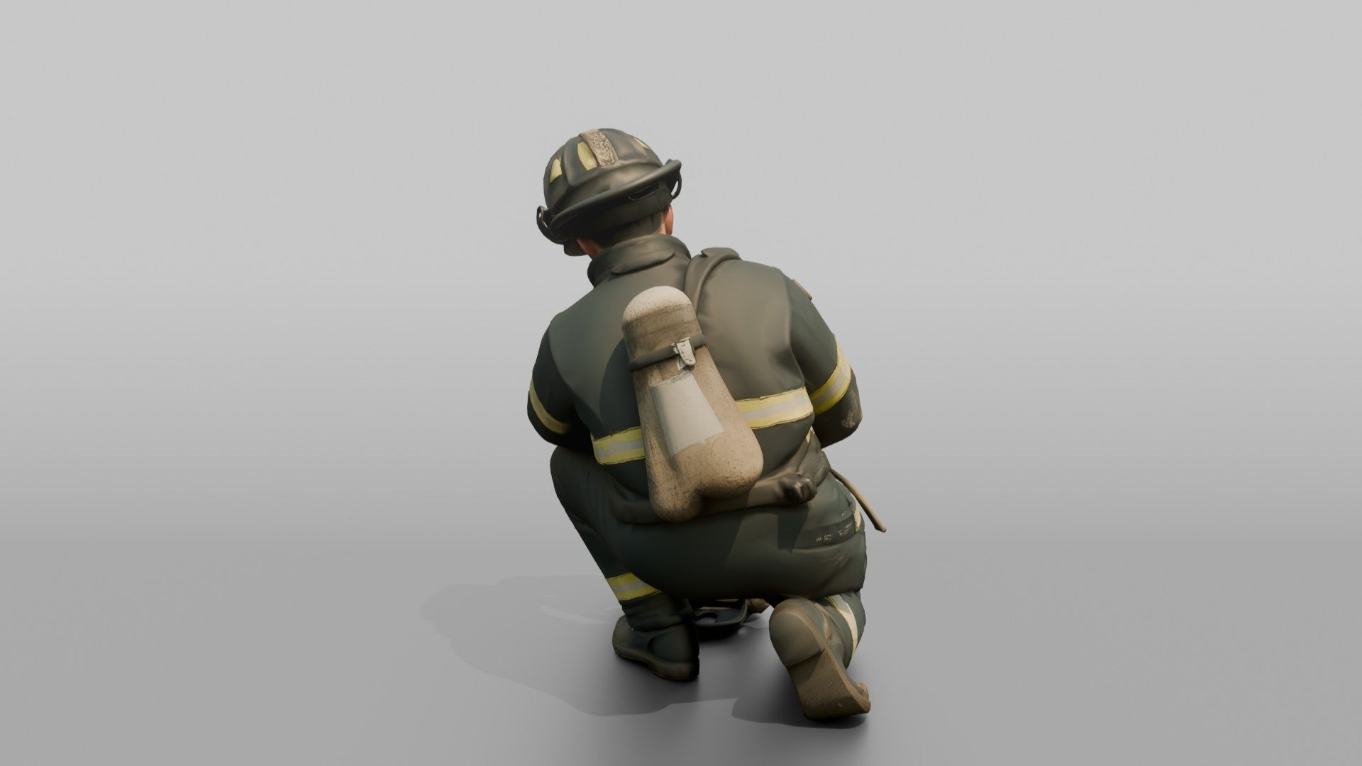 Firefighter Man Crouching While Inspecting an SCBA Valve Assembly