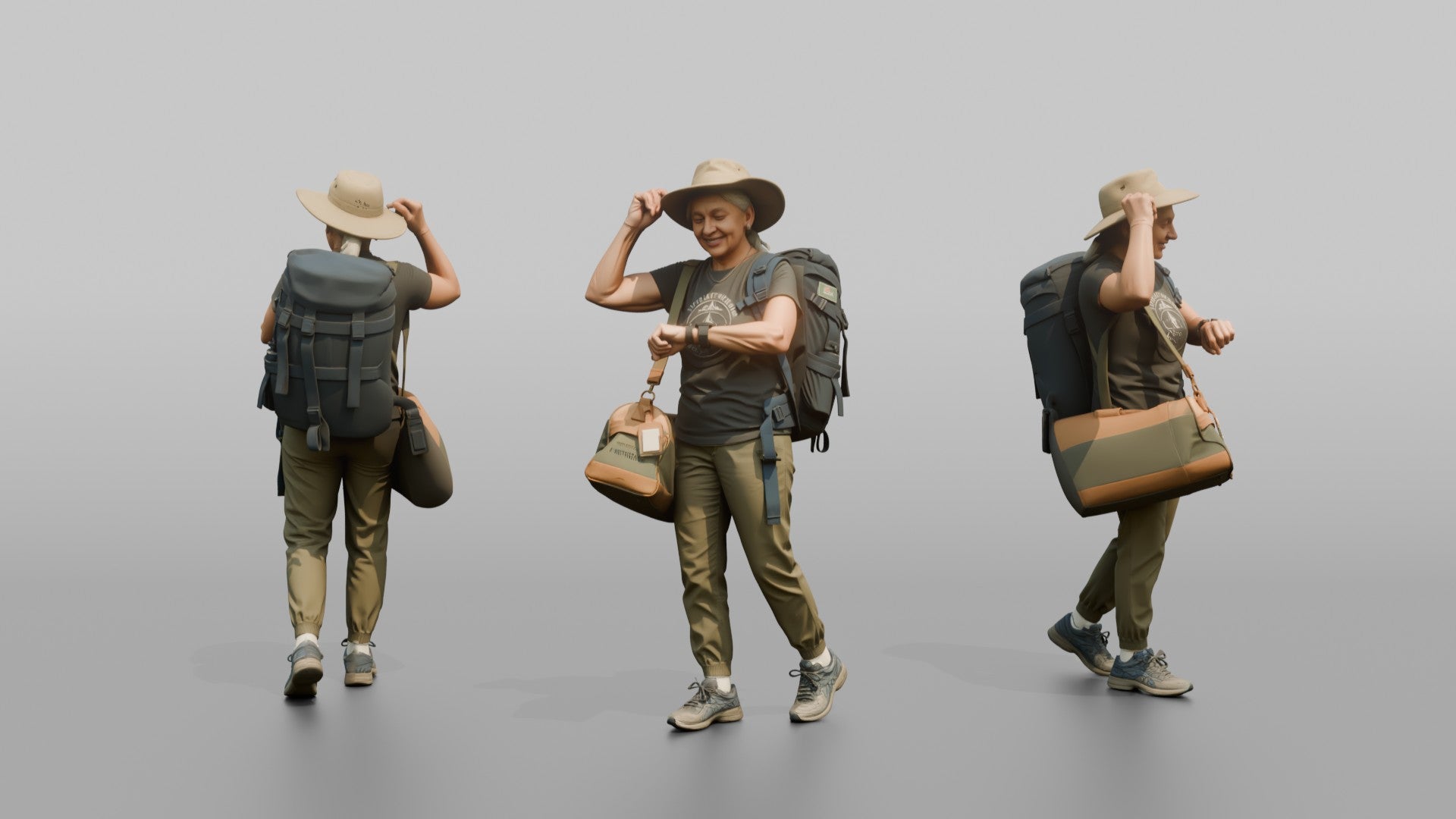 Traveler Adjusting Her Sun Hat