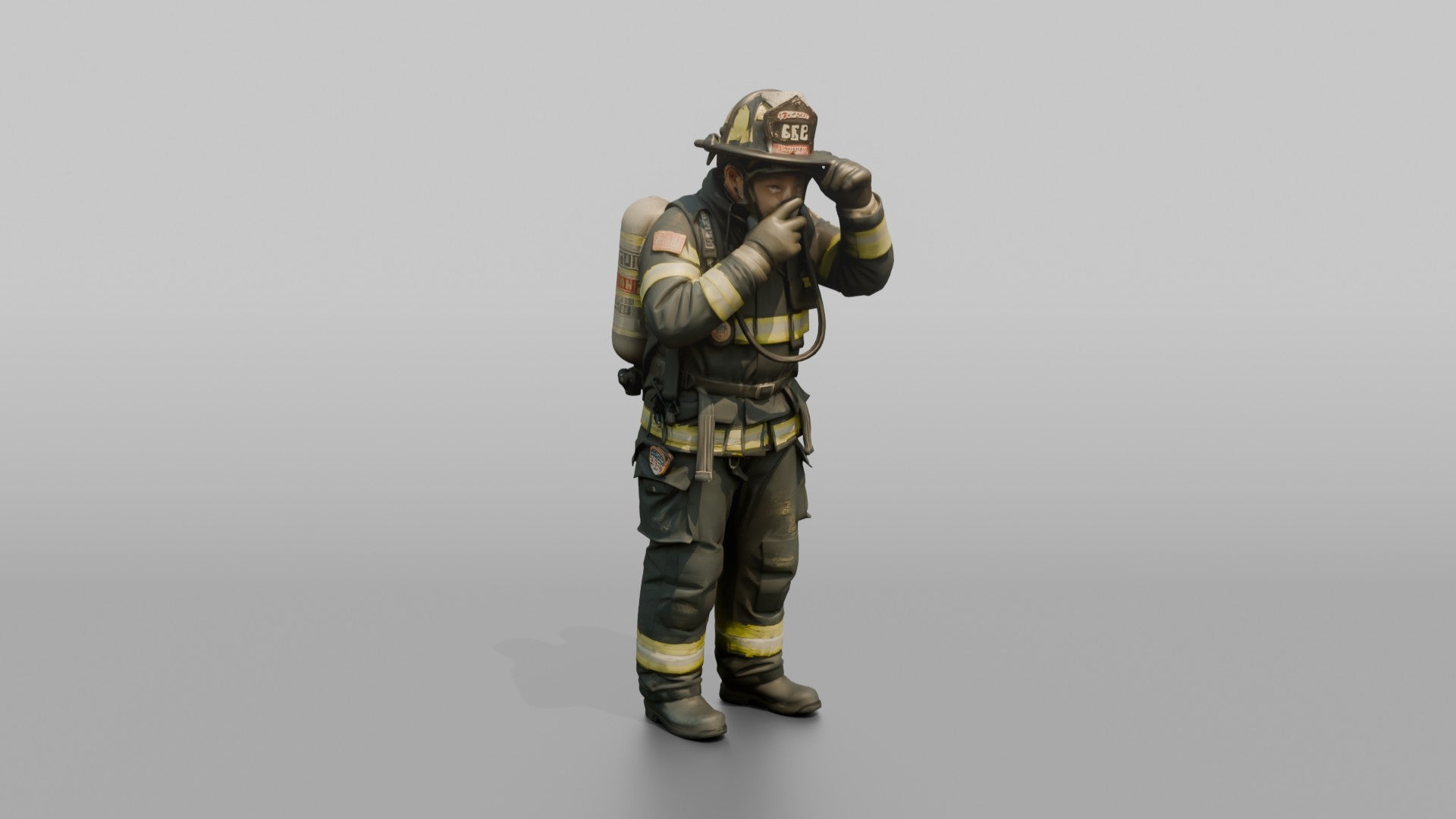Firefighter Man Securing His Oxygen Mask Over His Face