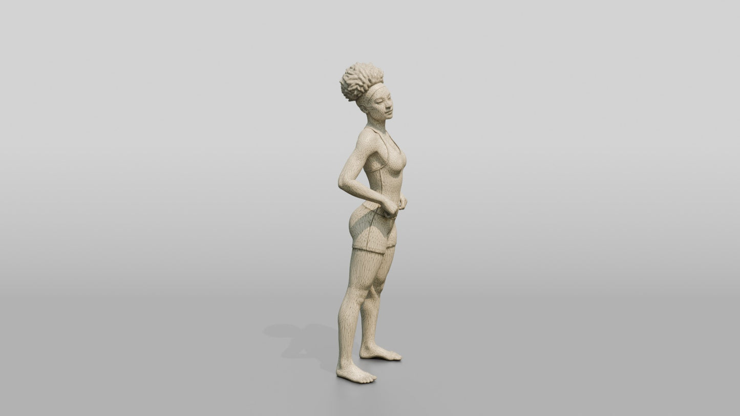Black Woman in Cream Unitard with Hand on Hip