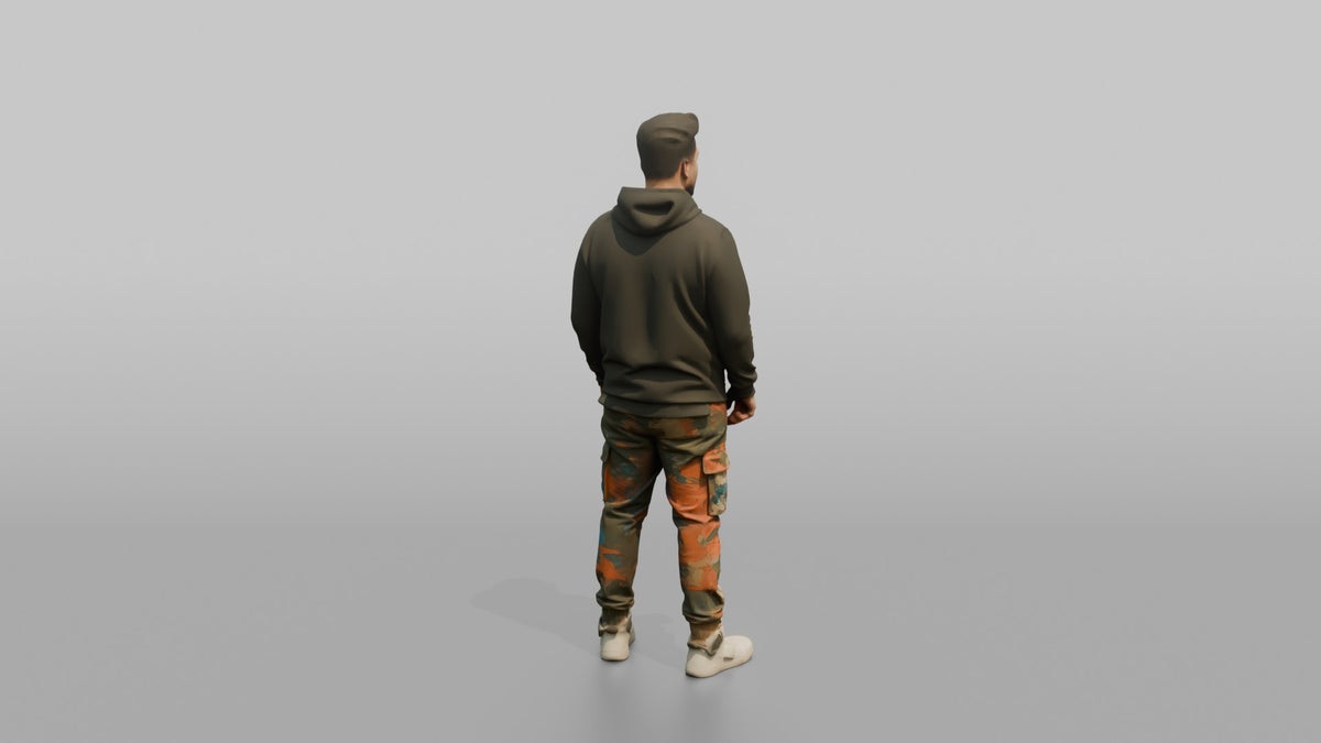 Patron Man Striking A Pose In Colorful Cargo Pants And A Graphic Hoodie - 3D character model, view 3