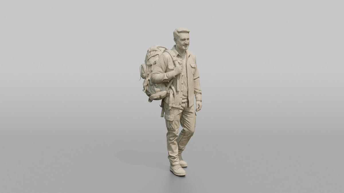 Father Carrying A Large Stuffed Backpack Over One Shoulder - wireframe topology preview