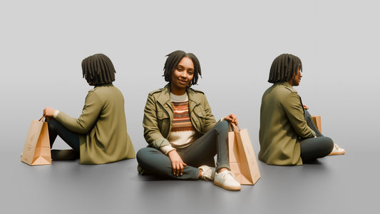 African Woman Sitting Cross-Legged with Shopping Bag