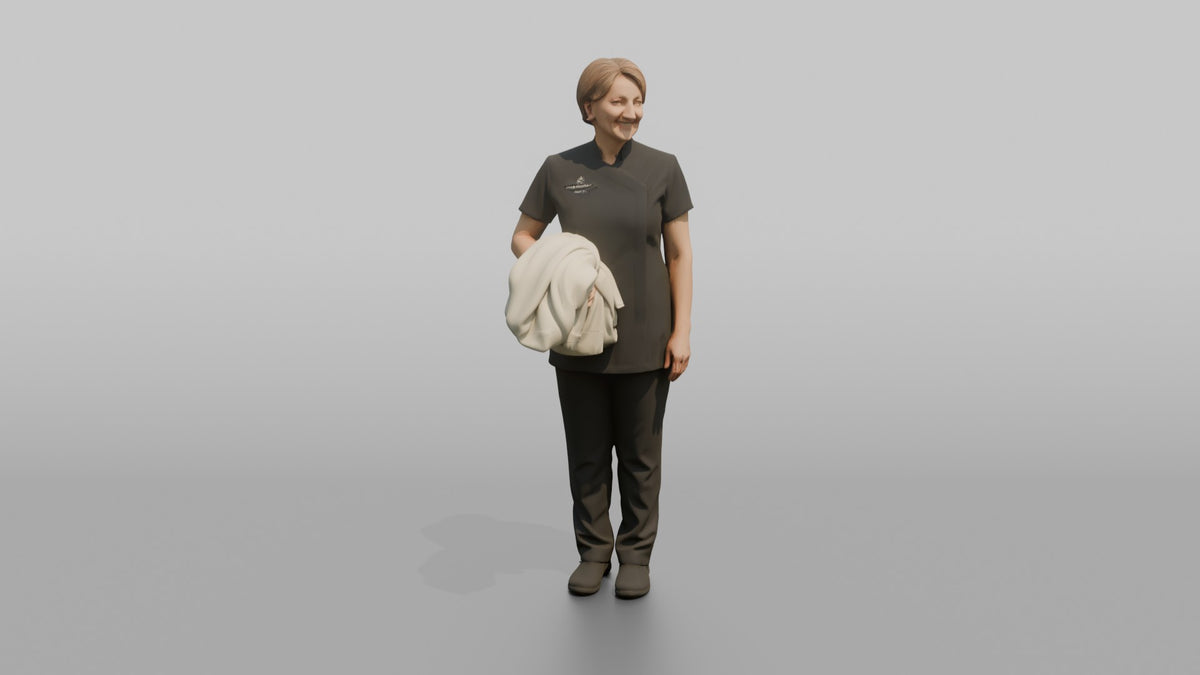 Spa Attendant Man Holding A Folded Bathrobe Over One Arm - 3D character model