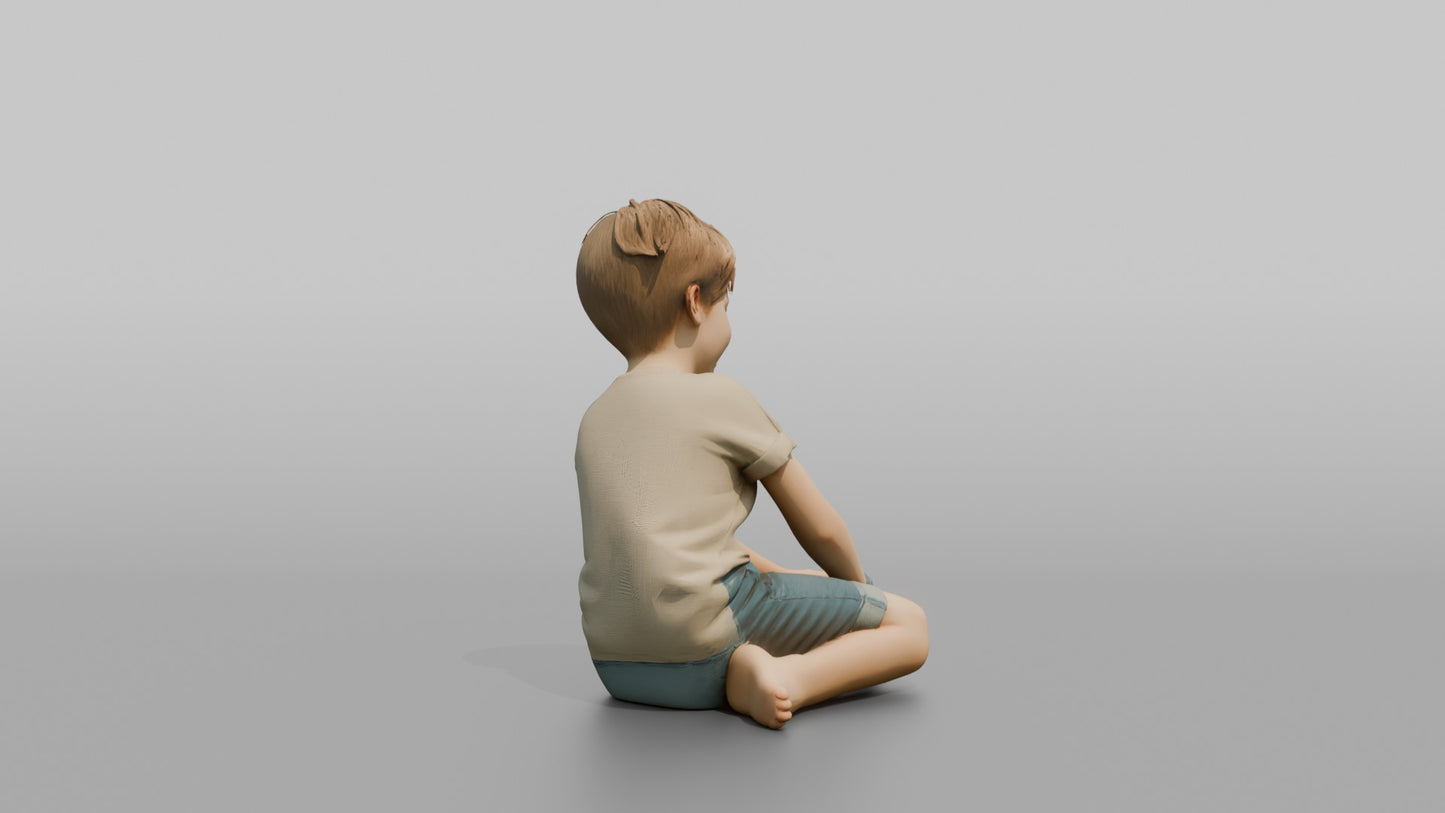 Boy Kneeling and Playing with a Wooden Toy